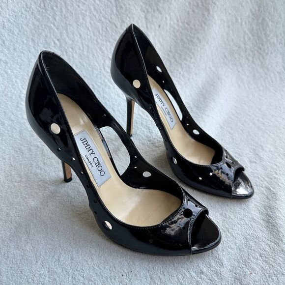 Jimmy Choo Shoes - Jimmy Choo London Black Women's 36.5 US 6.5 Patent Leather Dorsay Pumps Peep Toe